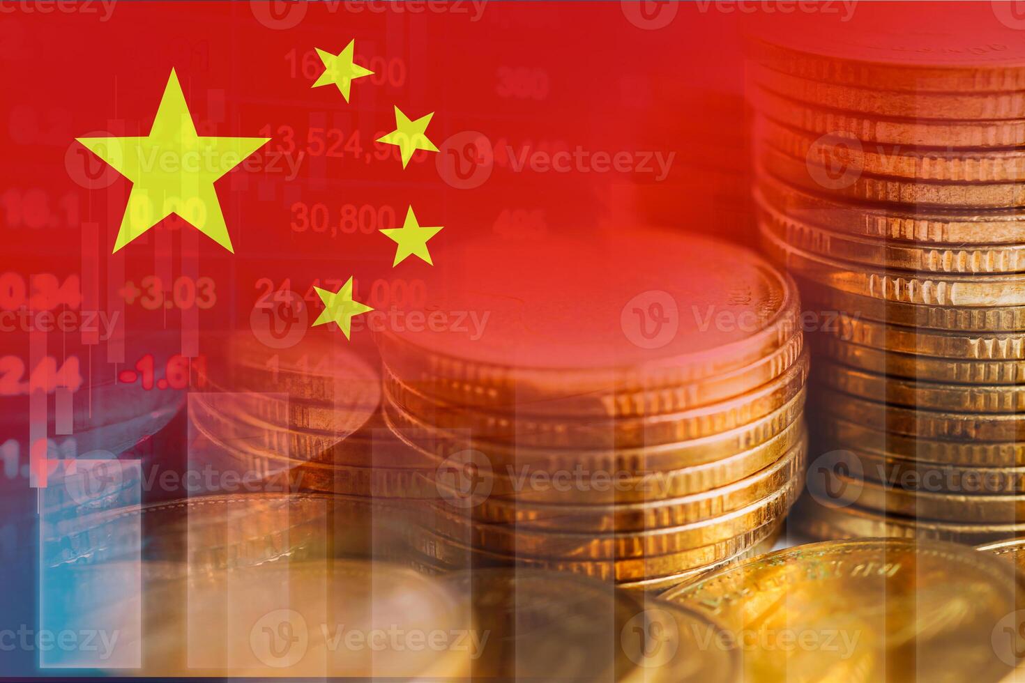 China flag with stock market finance, economy trend graph digital technology. photo
