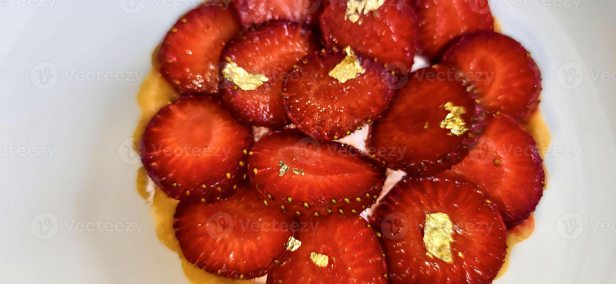 Delicious strawberry tart or tartlet with cut out strawberries and whipped cream decorated with edible gold flakes, good for multimedia recipe content creation photo
