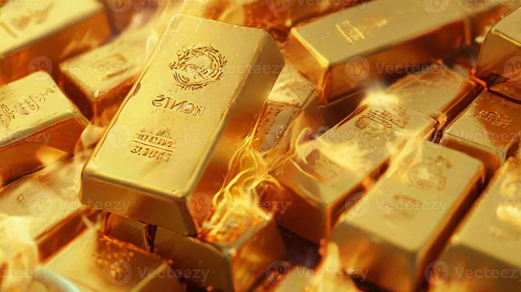 Gold bars and fire, reflecting hot gold price increase in market concept, on the rich golden reflect light background, Gold is hard commodity good, risk asset, tangible value photo