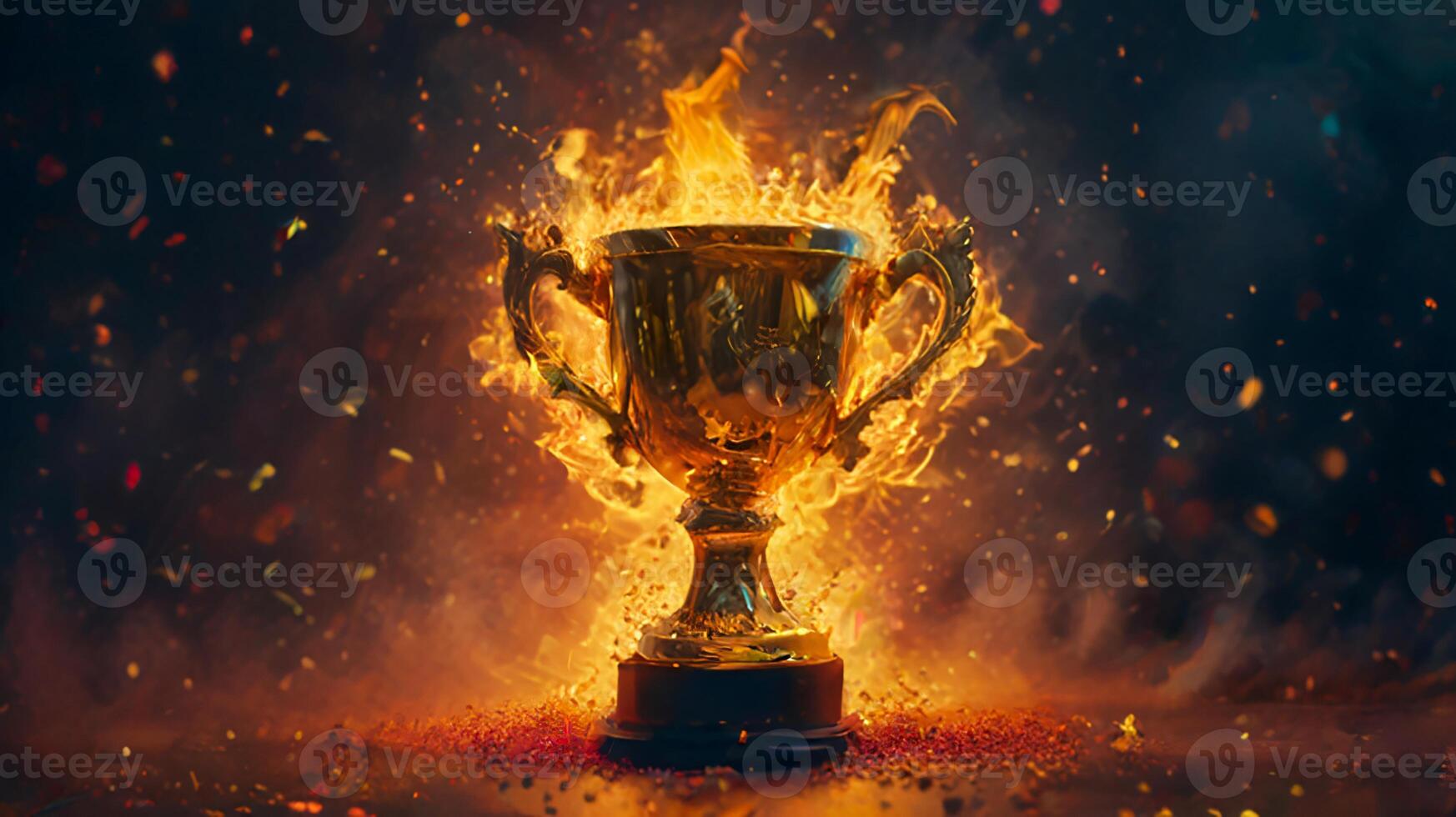 Champion golden trophy cup, surrounded by a festive explosion of colorful celebration confetti and sparkling glitter, symbolizing victory and success in a competition photo