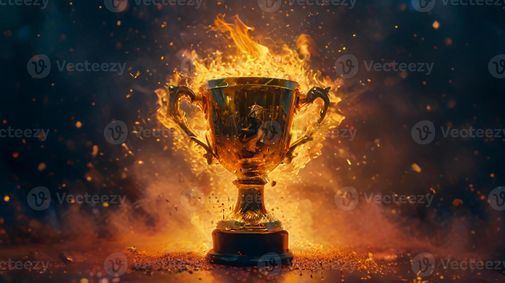 Champion golden trophy cup, surrounded by a festive explosion of colorful celebration confetti and sparkling glitter, symbolizing victory and success in a competition photo