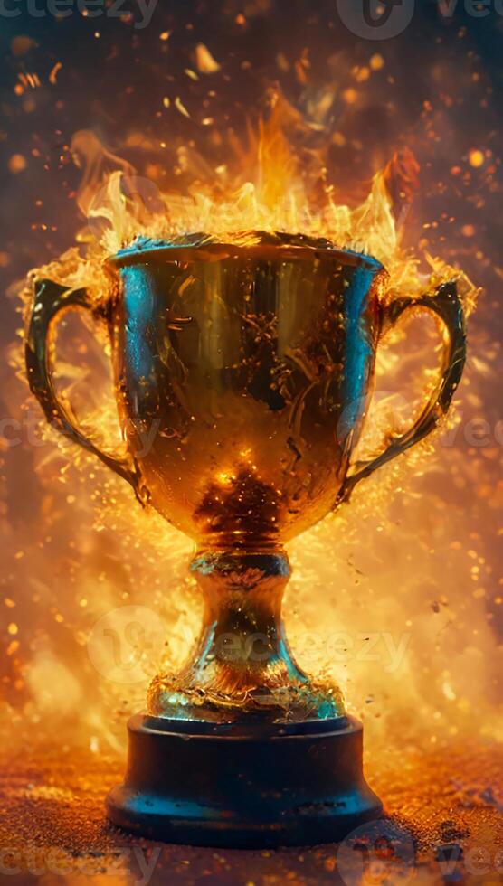 Champion golden trophy cup, surrounded by a festive explosion of colorful celebration confetti and sparkling glitter, symbolizing victory and success in a competition photo