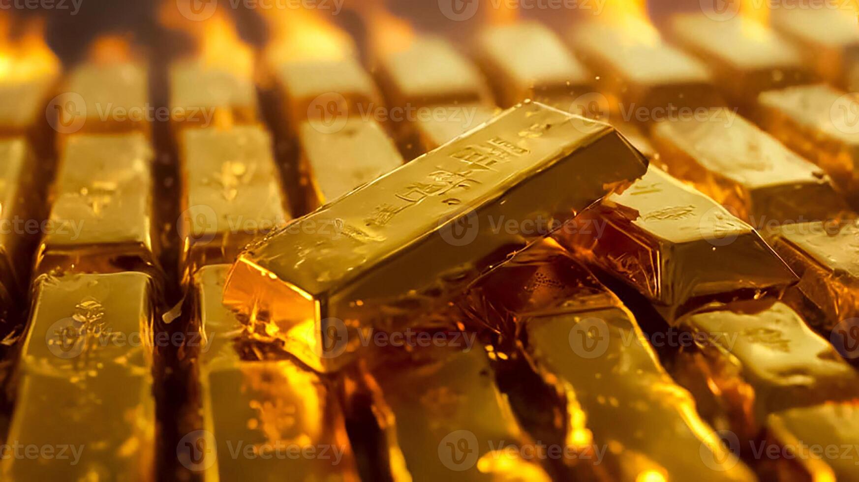 Gold bars and fire, reflecting hot gold price increase in market concept, on the rich golden reflect light background, Gold is hard commodity good, risk asset, tangible value photo