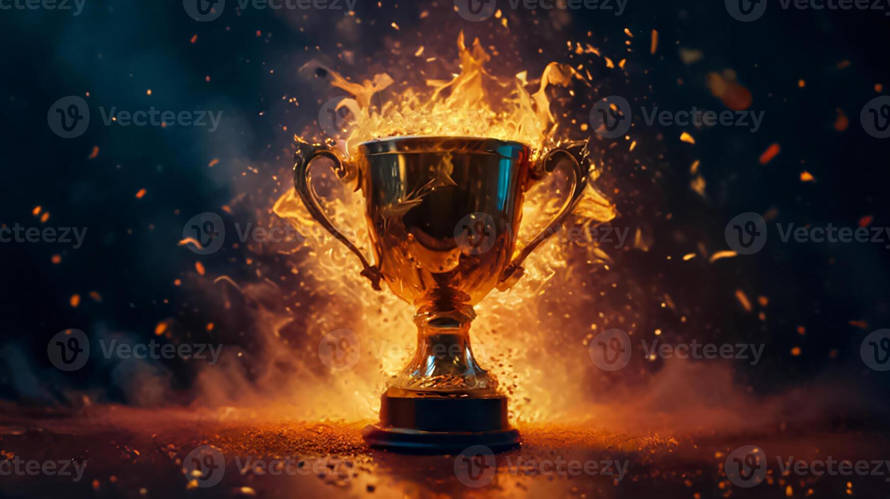 Champion golden trophy cup, surrounded by a festive explosion of colorful celebration confetti and sparkling glitter, symbolizing victory and success in a competition photo