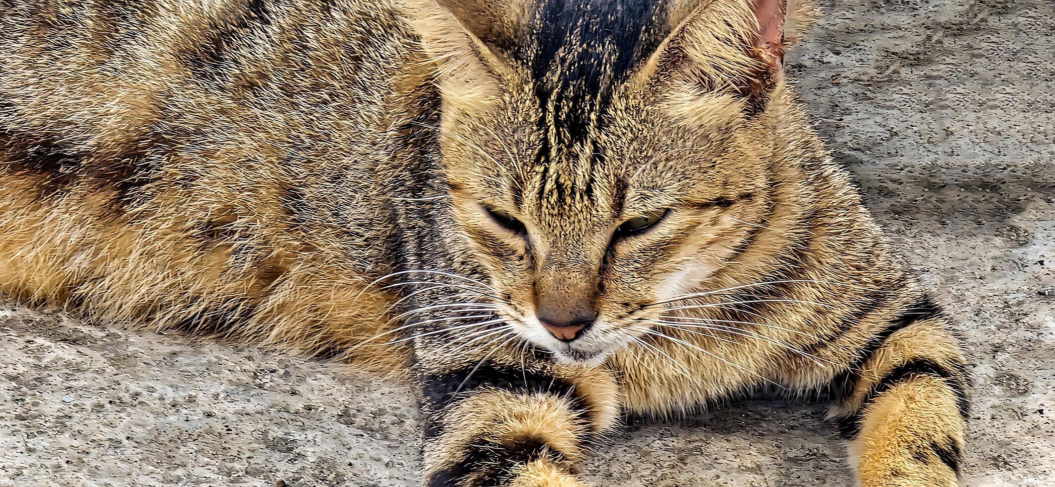 Stray cat beautiful cute street cat with fluffy fur, a stray cat in the street living wild without any ownership photo
