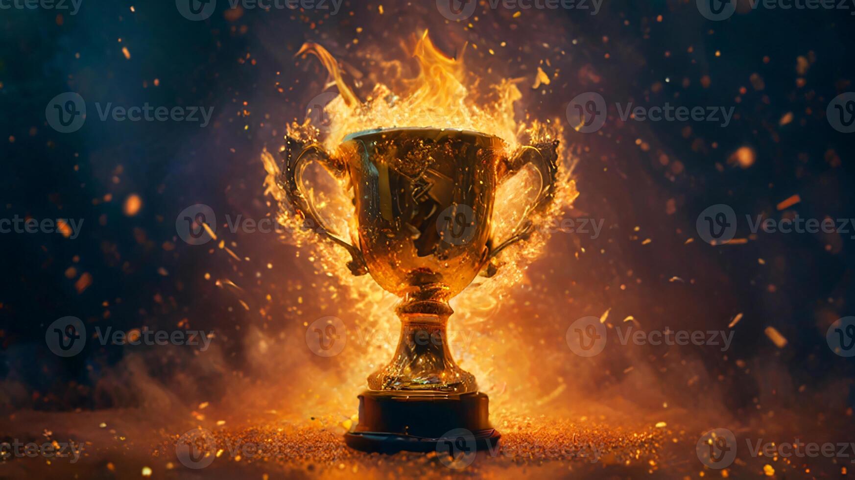 Champion golden trophy cup, surrounded by a festive explosion of colorful celebration confetti and sparkling glitter, symbolizing victory and success in a competition photo