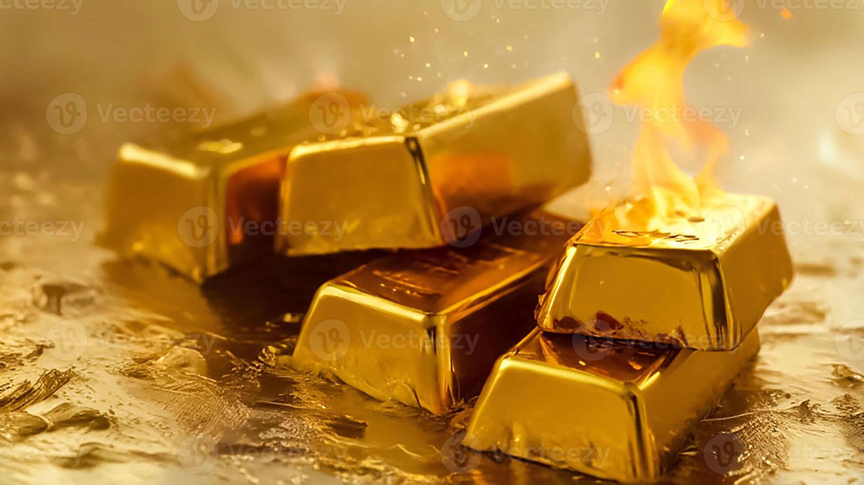 Gold bars and fire, reflecting hot gold price increase in market concept, on the rich golden reflect light background, Gold is hard commodity good, risk asset, tangible value photo