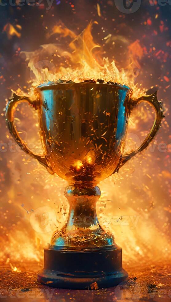Champion golden trophy cup, surrounded by a festive explosion of colorful celebration confetti and sparkling glitter, symbolizing victory and success in a competition photo