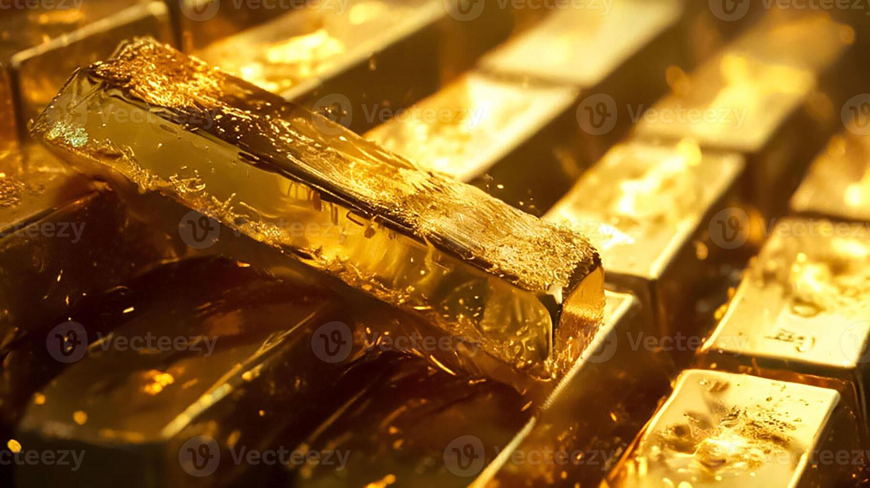 Gold bars and fire, reflecting hot gold price increase in market concept, on the rich golden reflect light background, Gold is hard commodity good, risk asset, tangible value photo