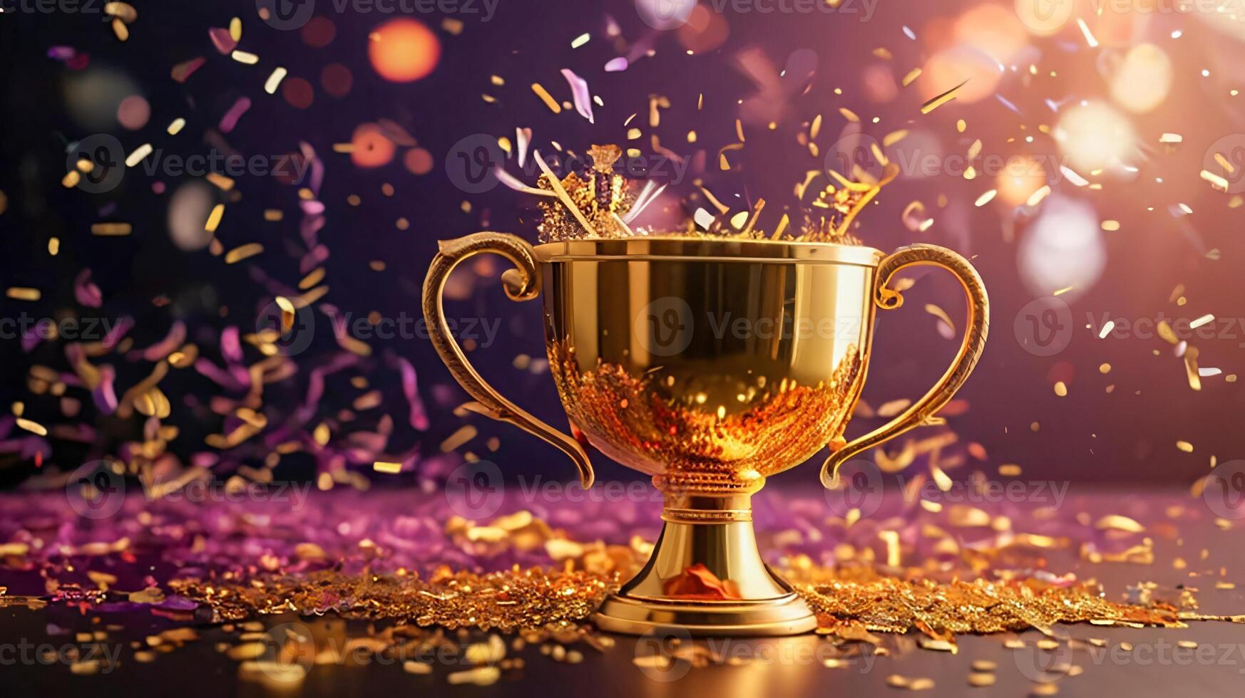 Champion golden trophy cup, surrounded by a festive explosion of colorful celebration confetti and sparkling glitter, symbolizing victory and success in a competition photo