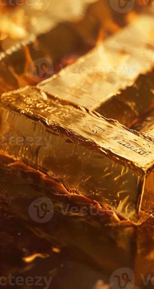 Gold bars and fire, reflecting hot gold price increase in market concept, on the rich golden reflect light background, Gold is hard commodity good, risk asset, tangible value photo