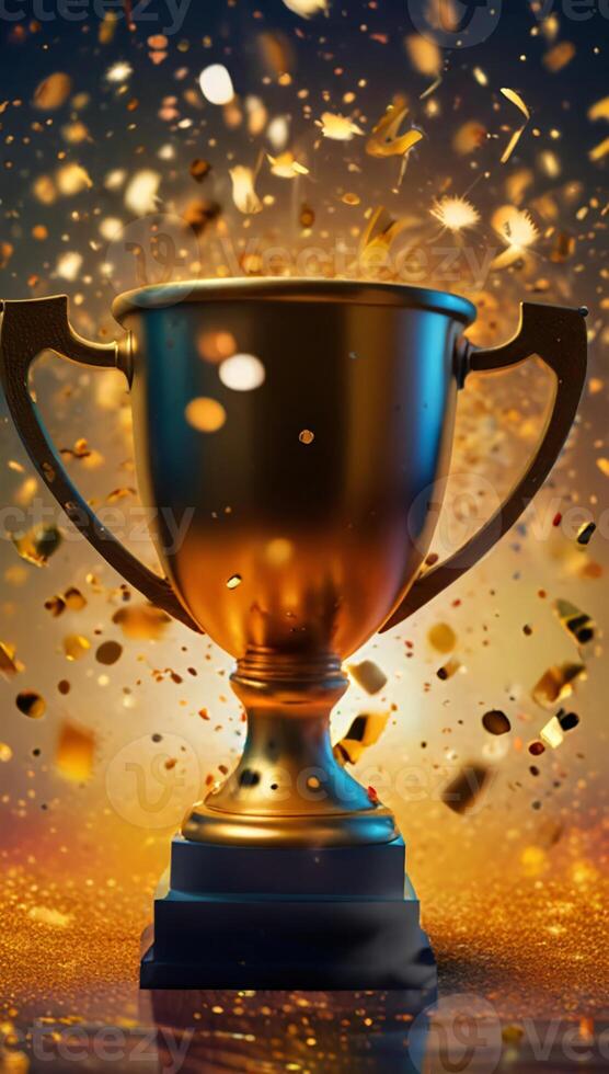 Champion golden trophy cup, surrounded by a festive explosion of colorful celebration confetti and sparkling glitter, symbolizing victory and success in a competition photo
