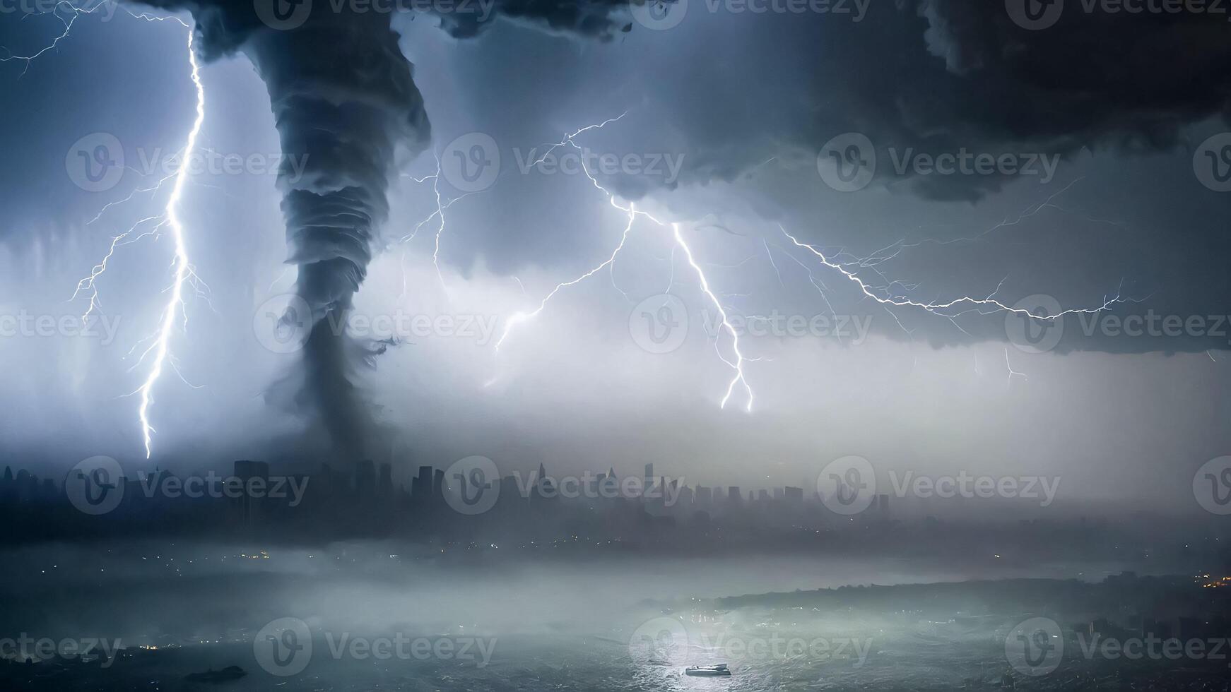 impact of global warming and climate change, big storm thunder and tornado twister destroying the big cities, future events describing the climate change impact for content creation photo