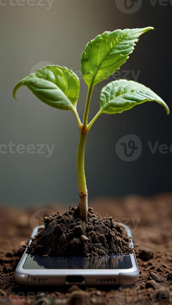 Green future multimedia content creation symbolized by growing seedling on a lying mobile phone, green investment concept,rising money to invest, financial growth concept photo