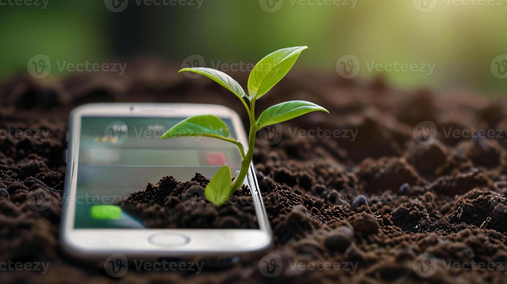 Green future multimedia content creation symbolized by growing seedling on a lying mobile phone, green investment concept,rising money to invest, financial growth concept photo