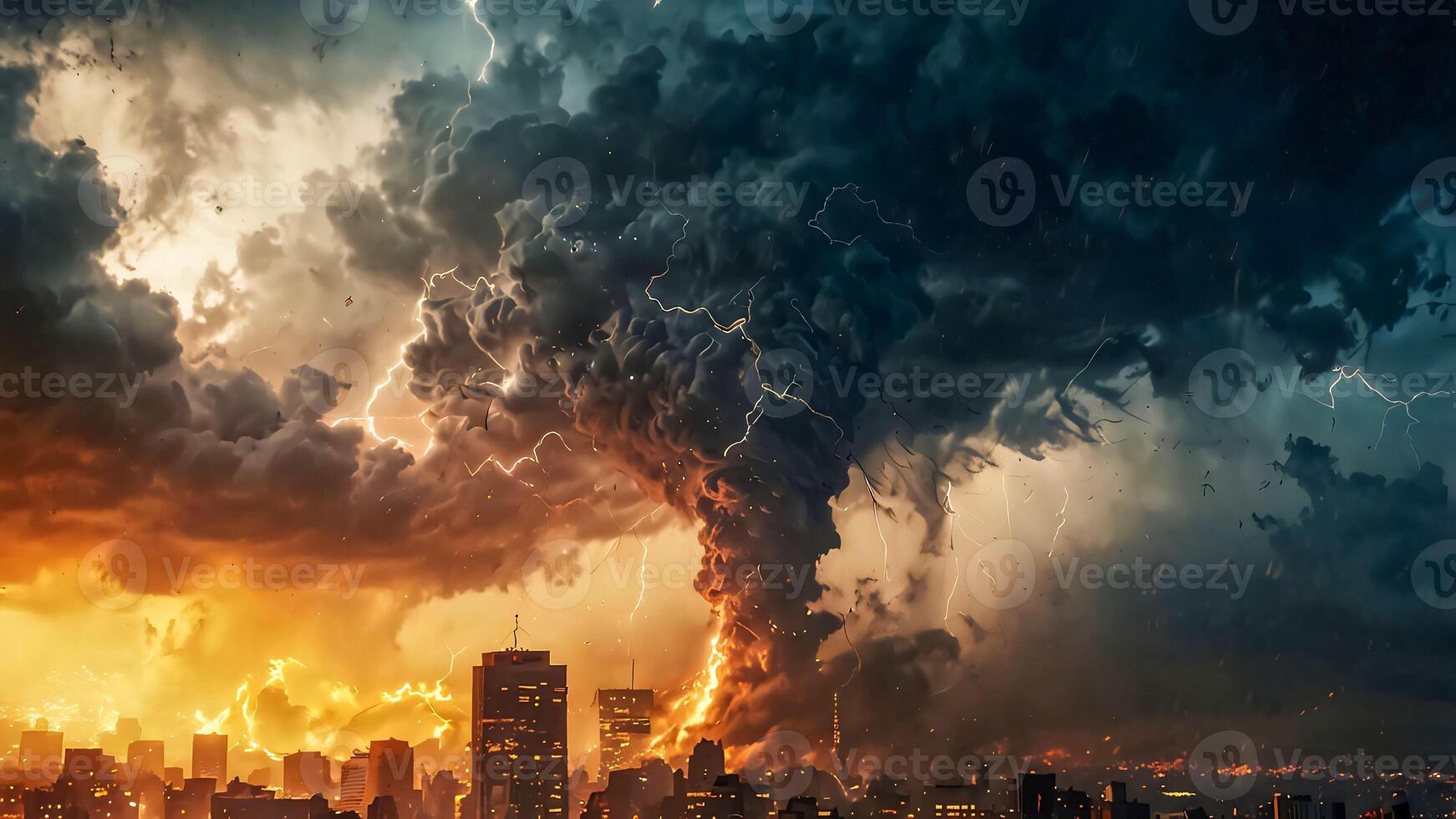 impact of global warming and climate change, big storm thunder and tornado twister destroying the big cities, future events describing the climate change impact for content creation photo
