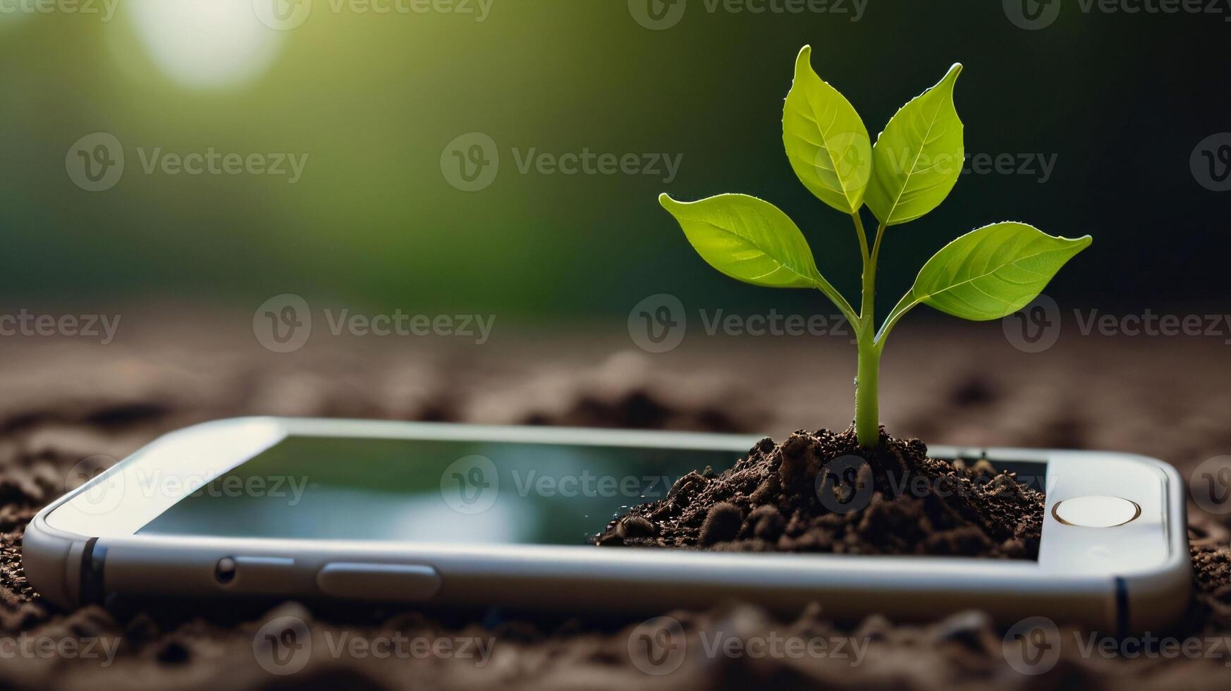 Green future multimedia content creation symbolized by growing seedling on a lying mobile phone, green investment concept,rising money to invest, financial growth concept photo