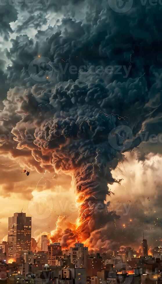 impact of global warming and climate change, big storm thunder and tornado twister destroying the big cities, future events describing the climate change impact for content creation photo