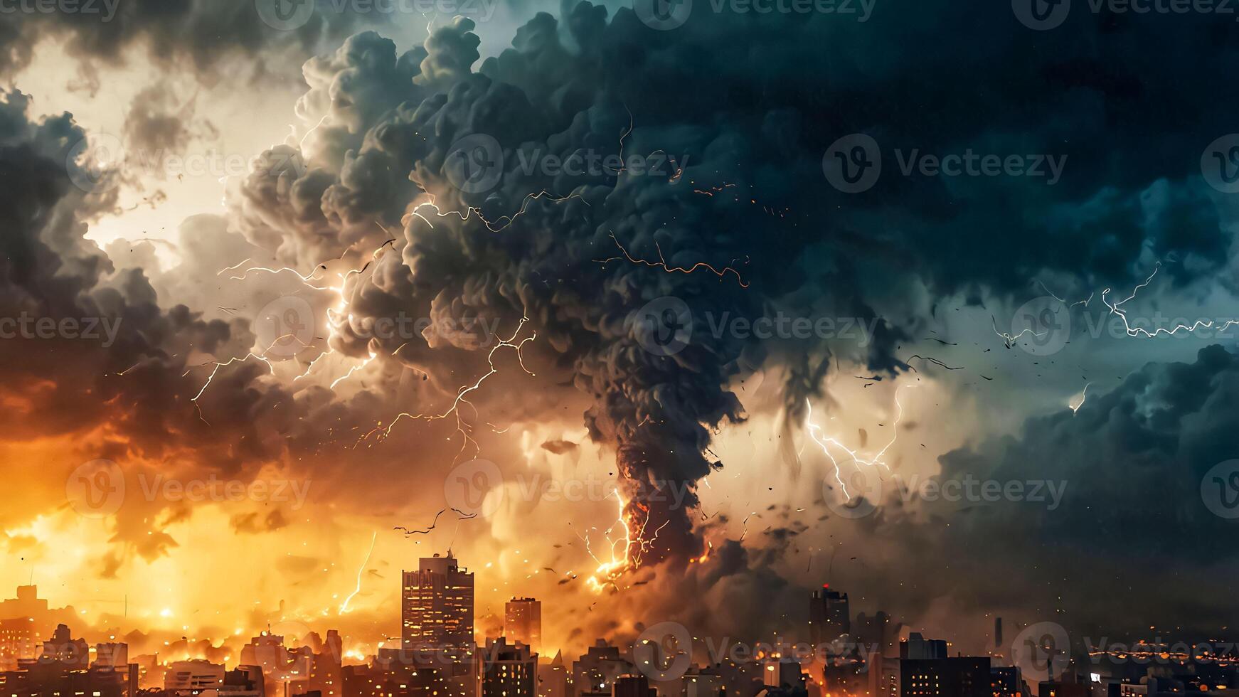impact of global warming and climate change, big storm thunder and tornado twister destroying the big cities, future events describing the climate change impact for content creation photo