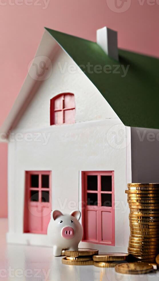 money coins stacks by a model mini house on the table household saving money for buying a house, financial concept ideas for saving money and loan concept photo