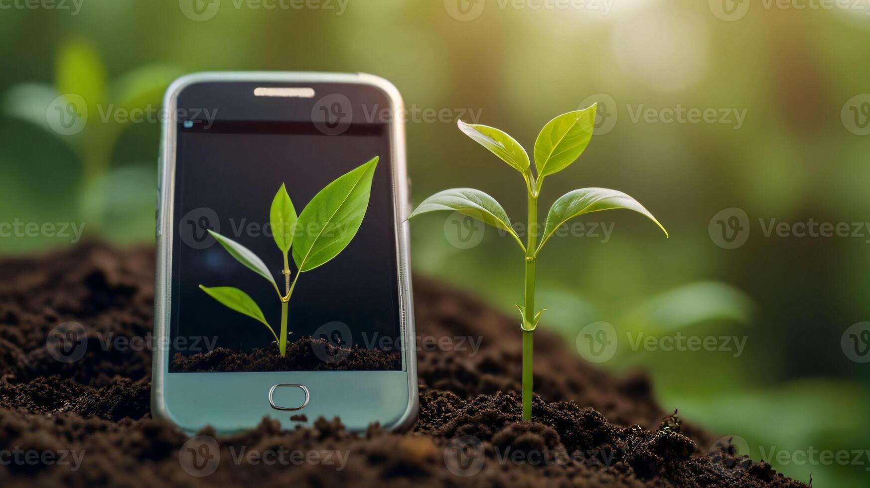 Green future multimedia content creation symbolized by growing seedling on a lying mobile phone, green investment concept,rising money to invest, financial growth concept photo