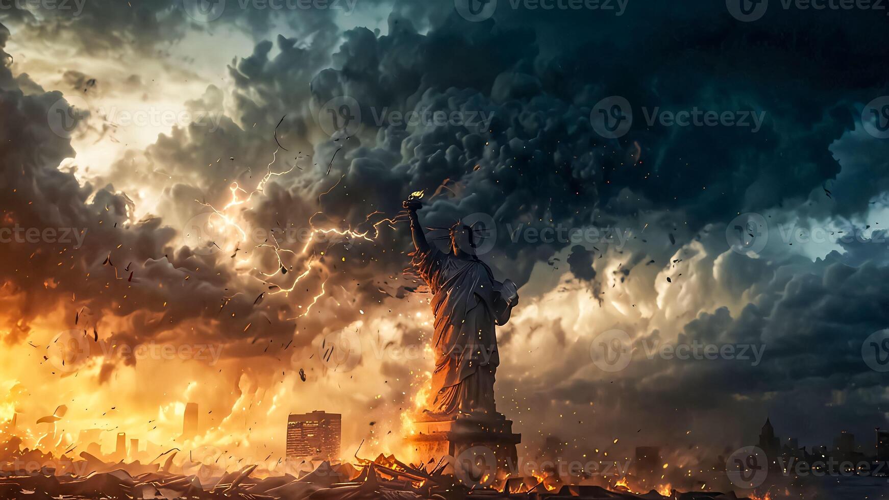 impact of global warming and climate change, big storm thunder and tornado twister destroying the big cities, future events describing the climate change impact for content creation photo