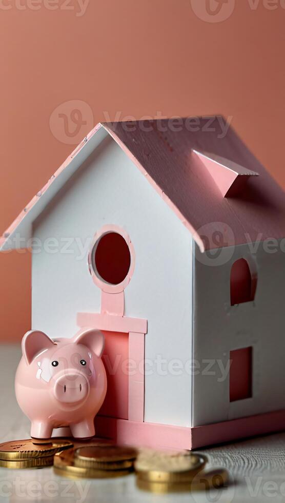 money coins stacks by a model mini house on the table household saving money for buying a house, financial concept ideas for saving money and loan concept photo