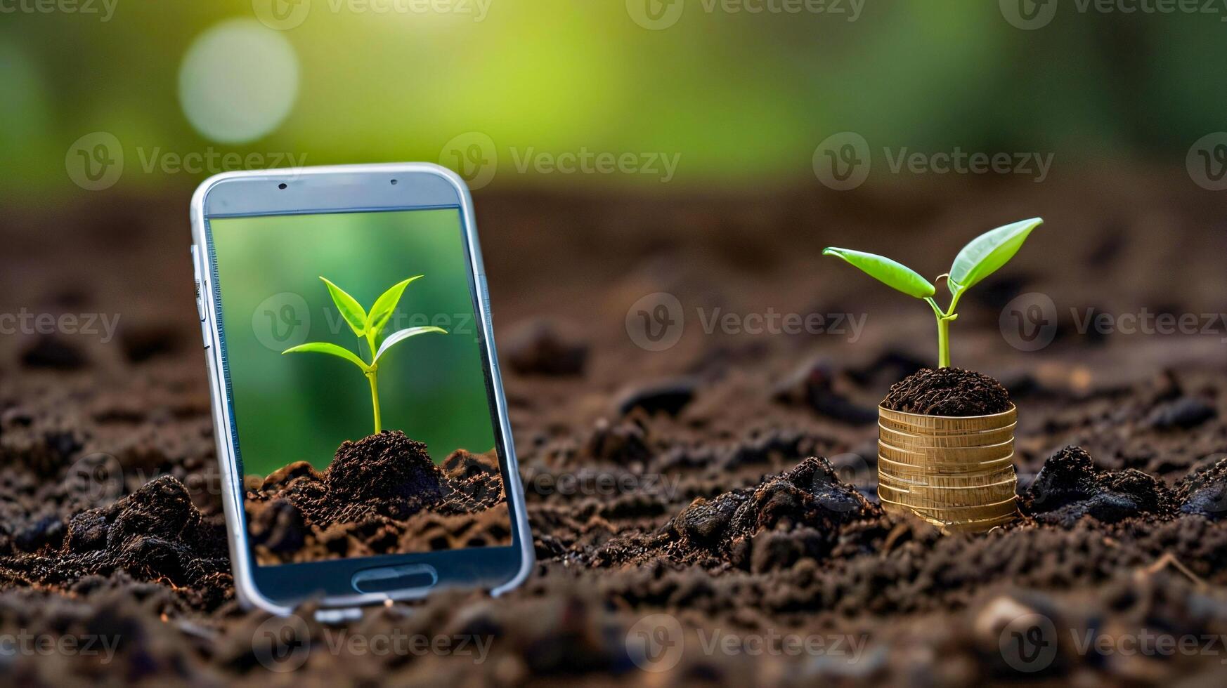 Green future multimedia content creation symbolized by growing seedling on a lying mobile phone, green investment concept,rising money to invest, financial growth concept photo