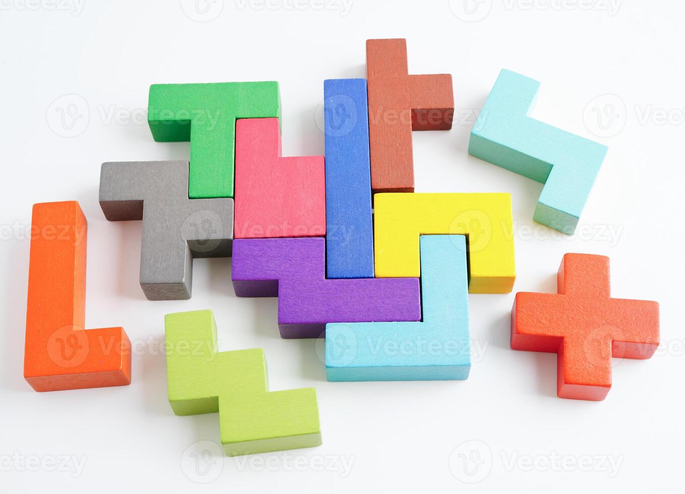 Logical thinking and problem solving problem solution creative business concept, wooden puzzle geometric block shape. photo