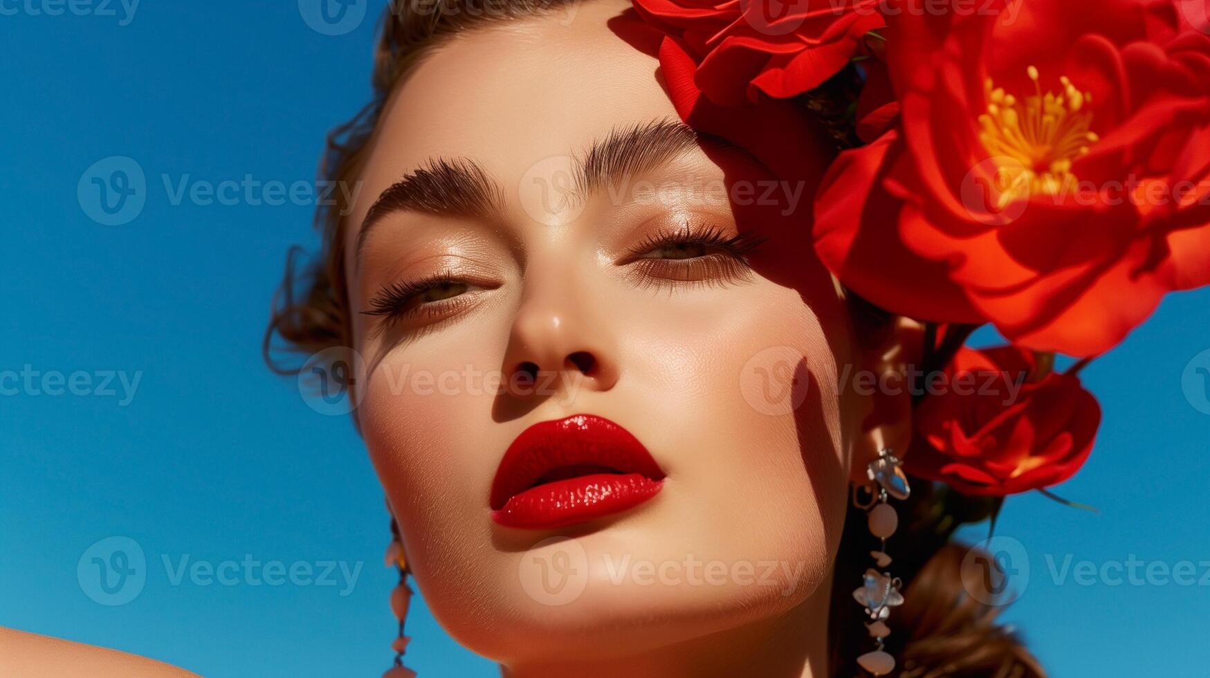 Woman with red lips posing with flowers in summer photo
