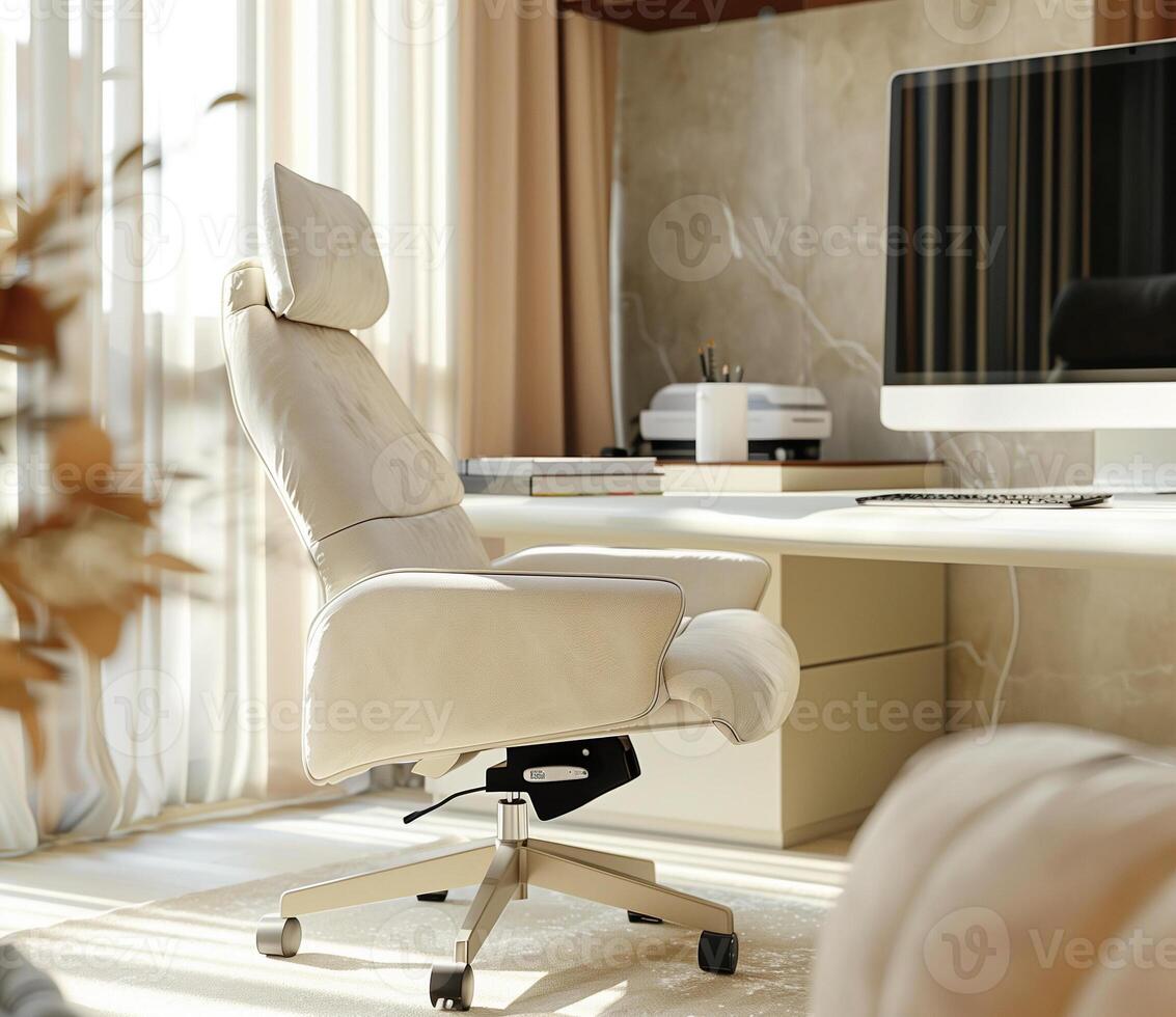 A close-up view of a white leather office chair with a high back and a headrest, sitting in a modern home office photo