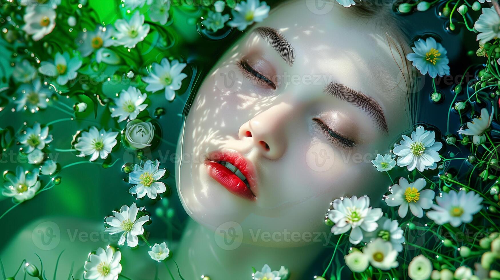 A close-up portrait of a woman with her eyes closed, floating face-up in a pool of water surrounded by white flowers photo