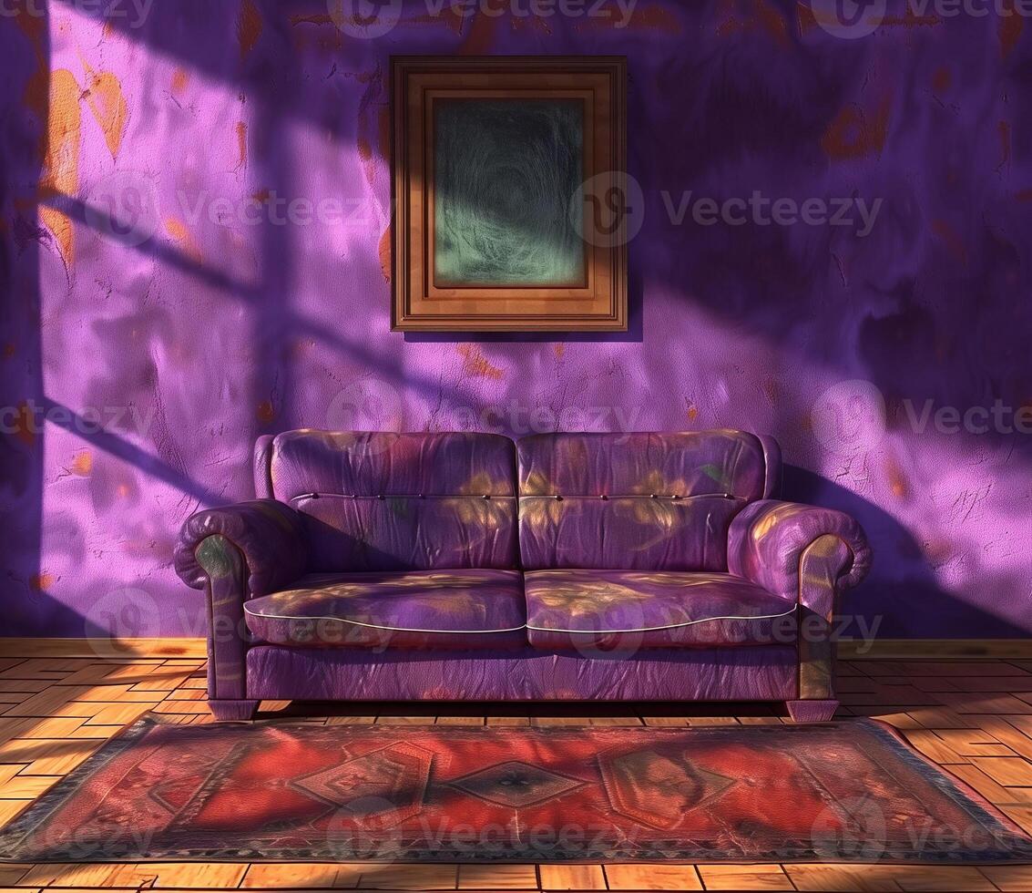 Purple living room with sofa and rug photo