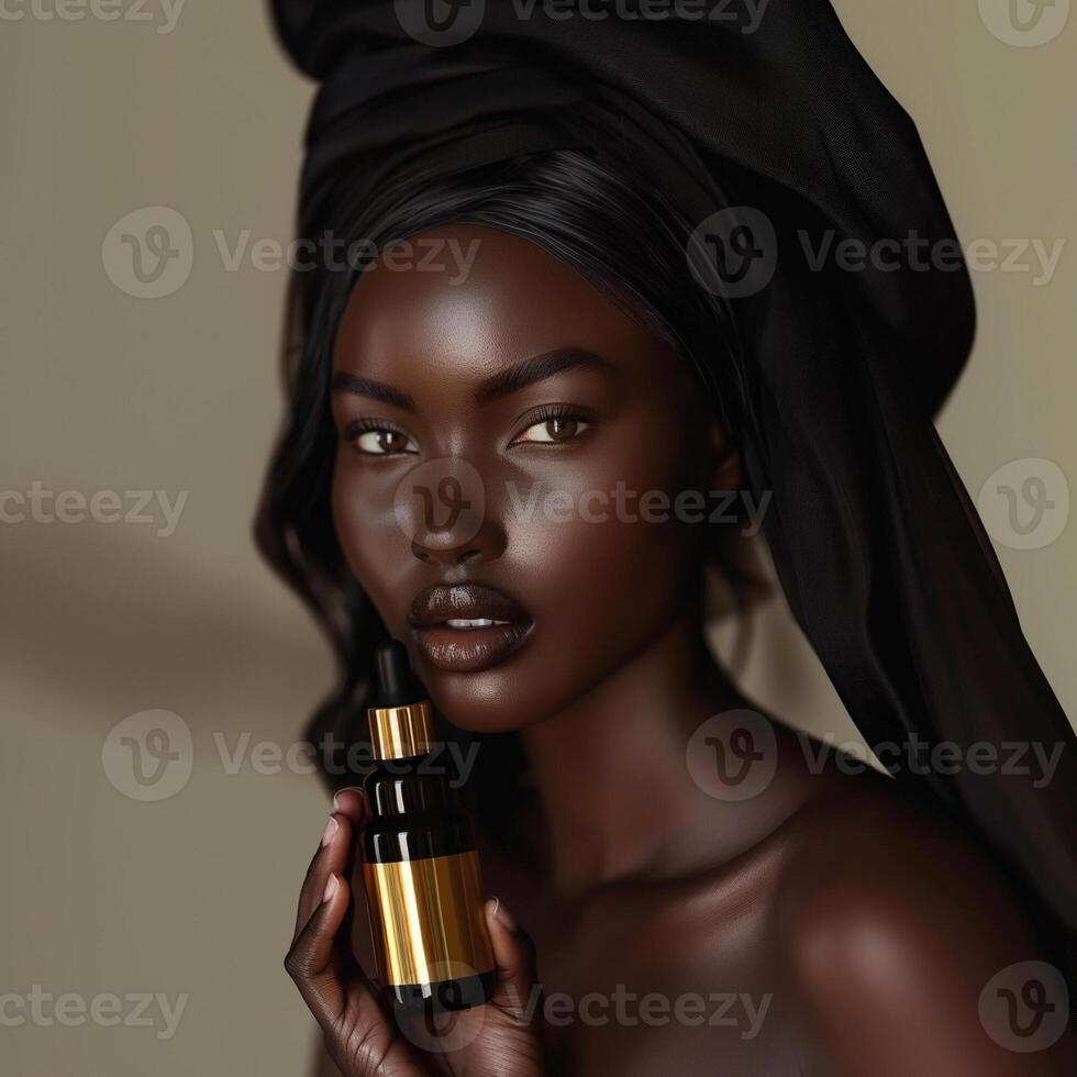 A portrait of a model with dark skin, wearing a black headscarf, holding a serum bottle in front of her face photo