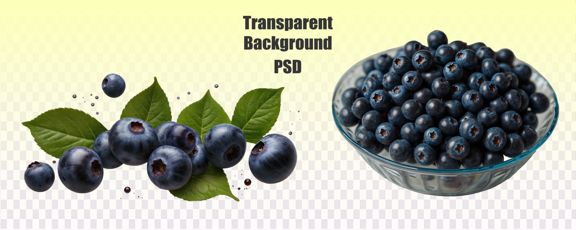 A variety of ripe blueberries on the table next to a bowl filled with more blueberries. Blueberries on transparent background psd