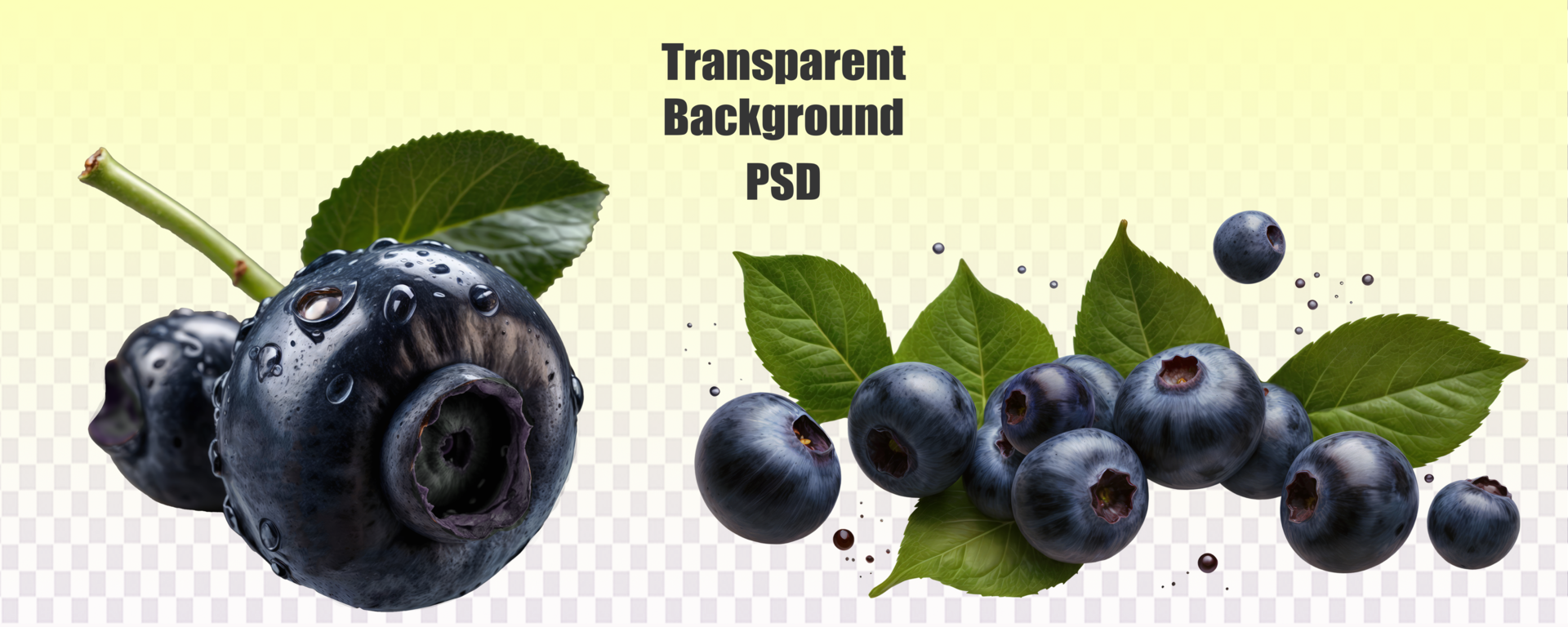 Blueberries with green leaves depicted on a clear, seethrough background, presenting a vibrant and fresh image of natural, food produce psd