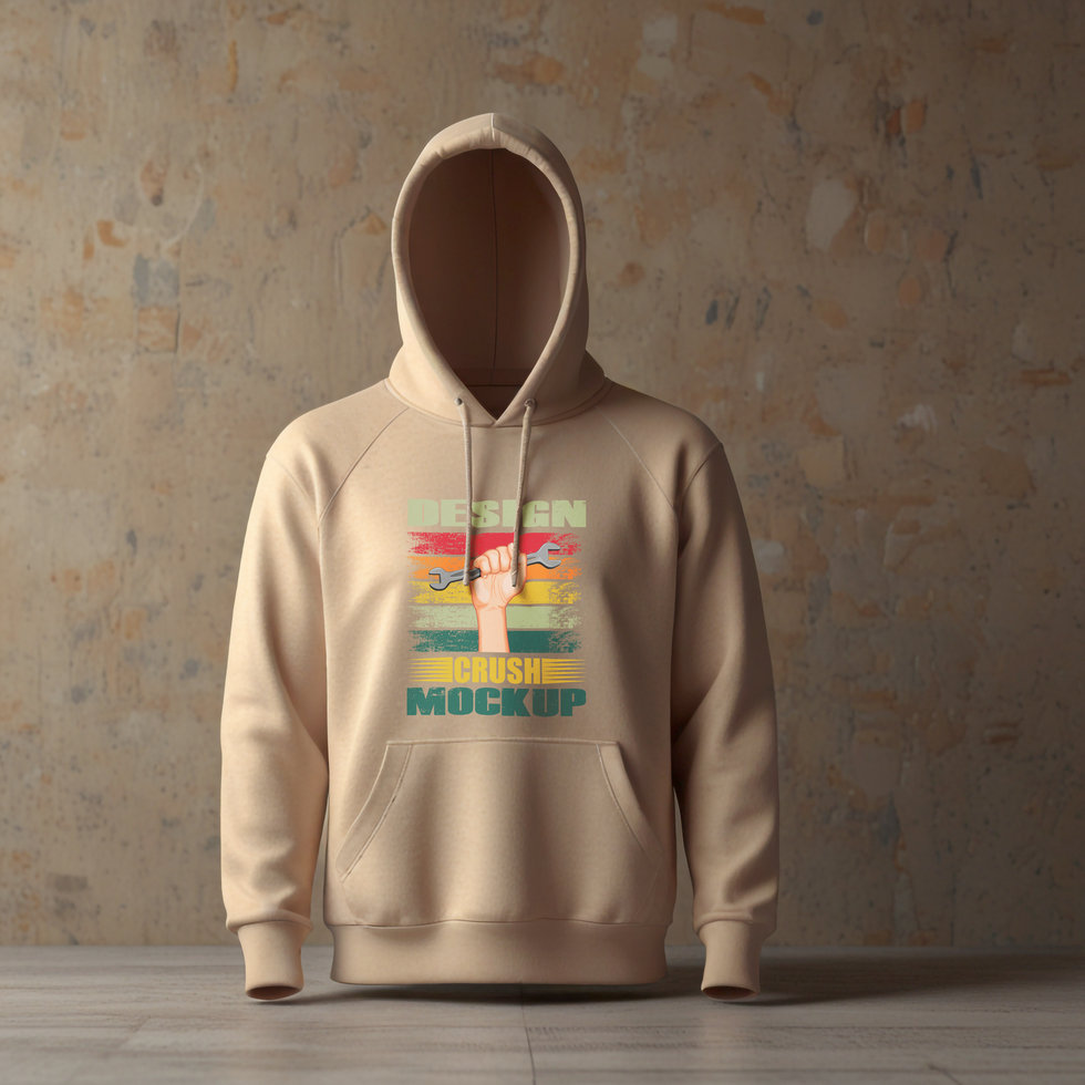 beige hoodie mockup with brown wall background psd