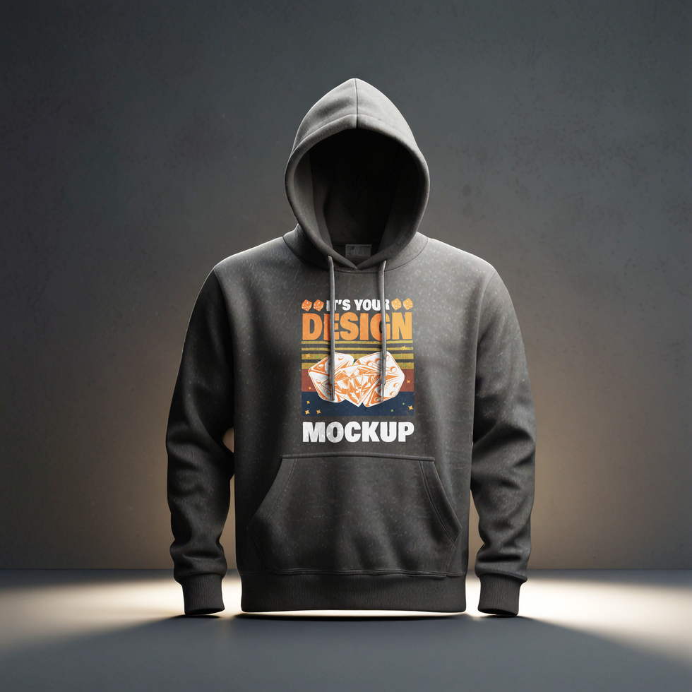 Dark gray hoodie mockup with gray wall background psd