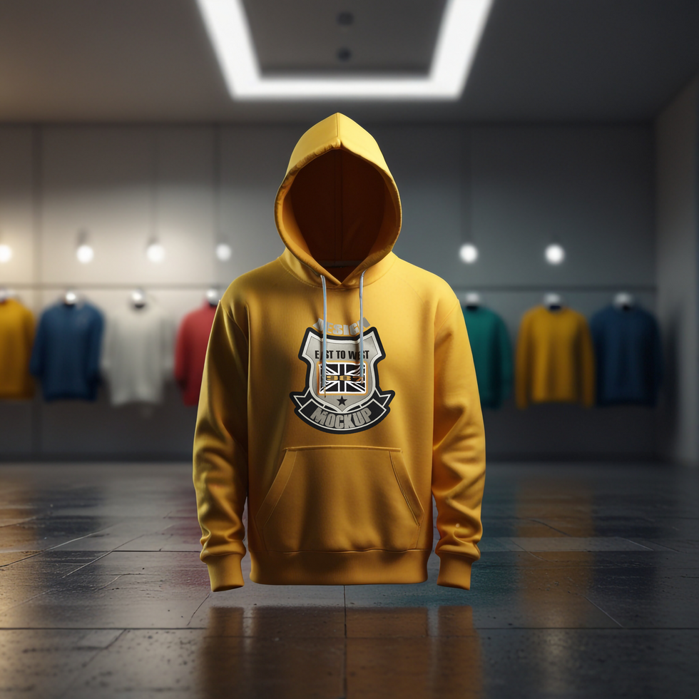 Yellow hoodie mockup with clothing store background psd
