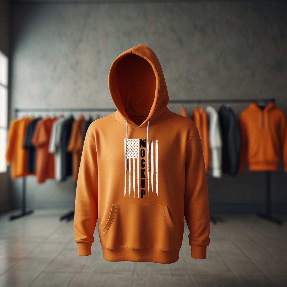 Orange hoodie mockup with clothing store background psd