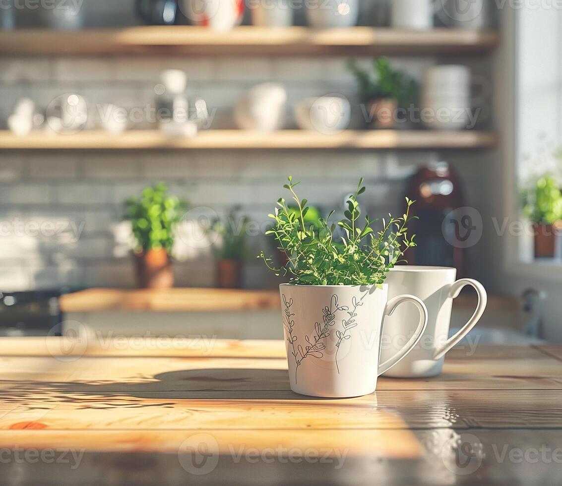 Close-up shot of a plant in a white mug with a floral design sitting on a wood countertop in a modern kitchen photo