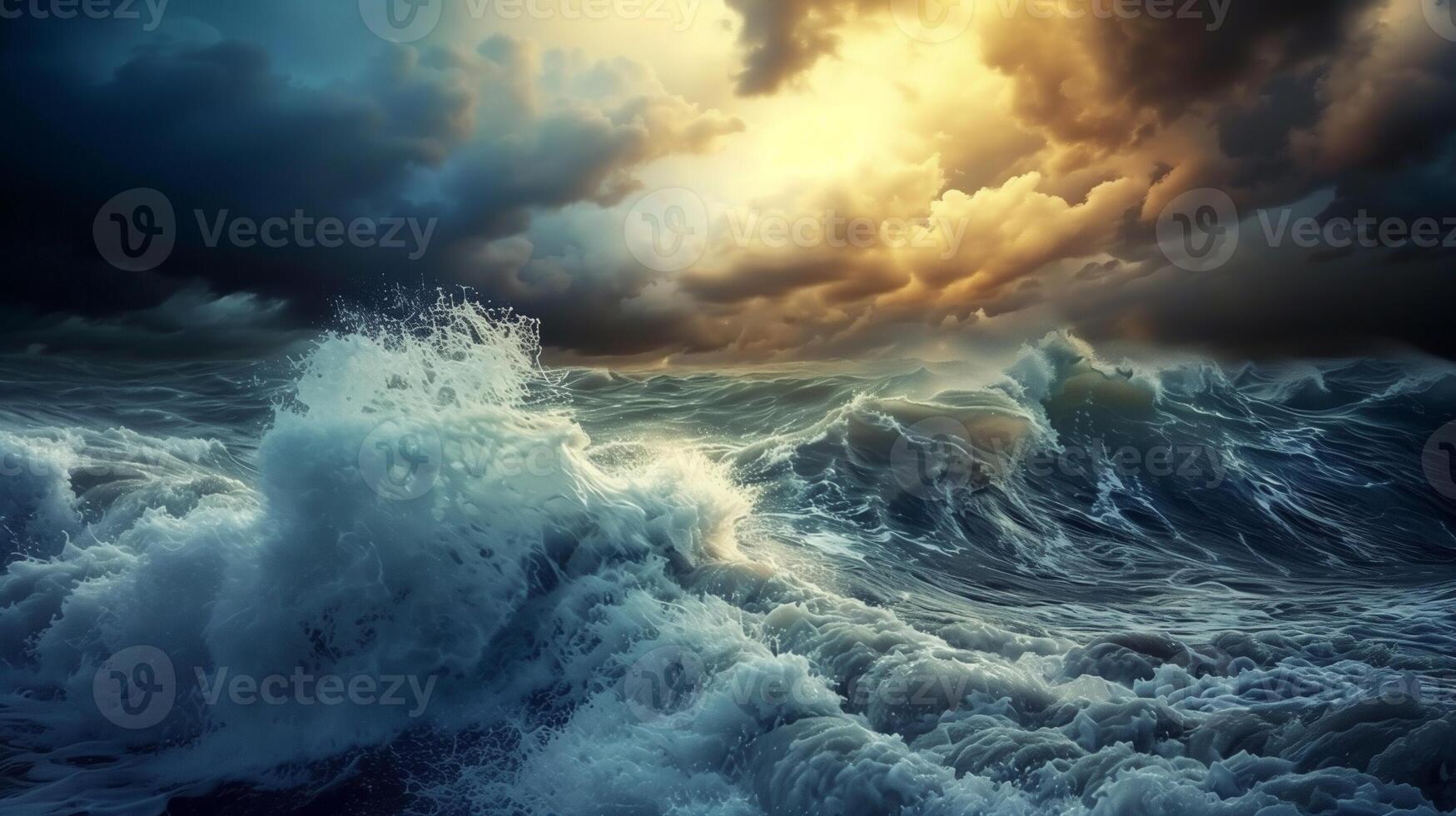 The tempestuous sea under a golden sky photo