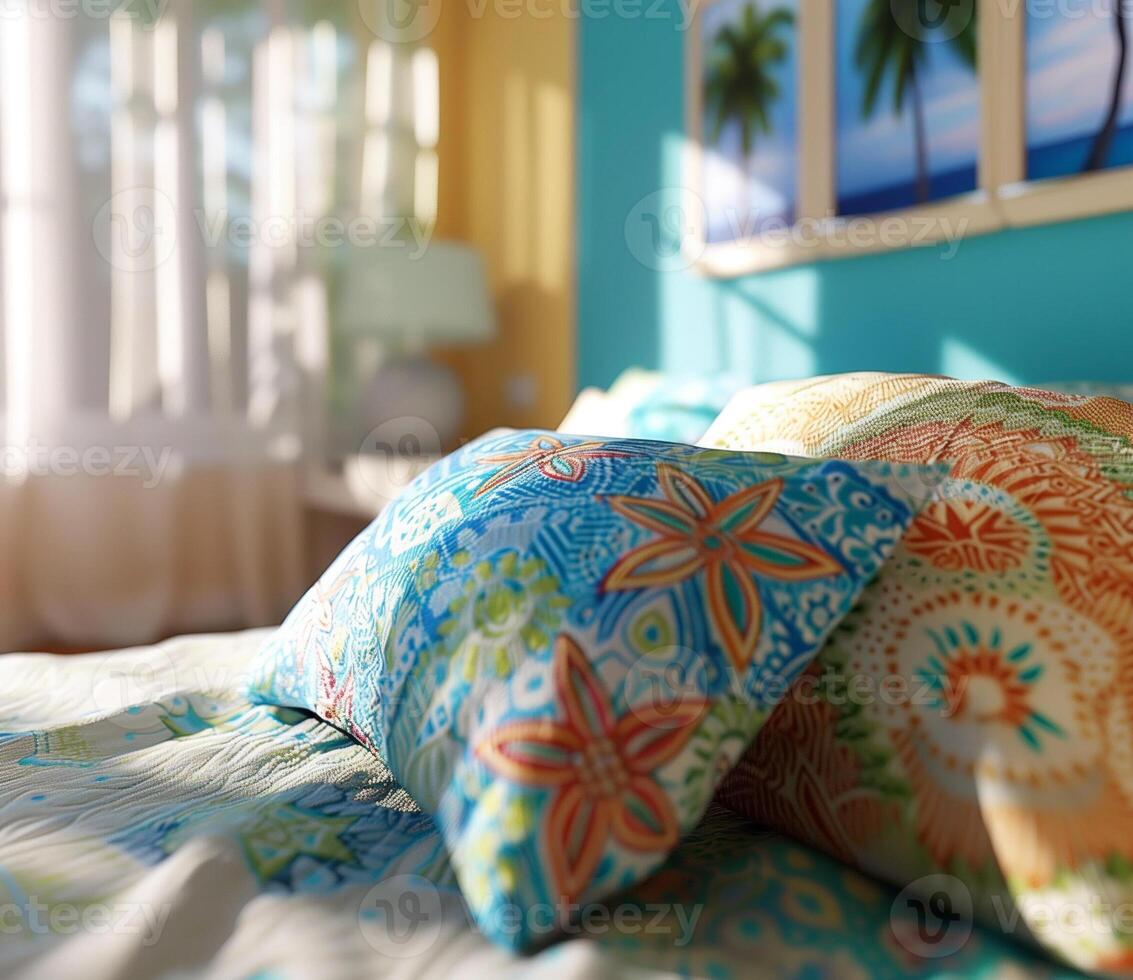 A close-up shot of a modern bedroom with colorful patterned pillows on a bed photo
