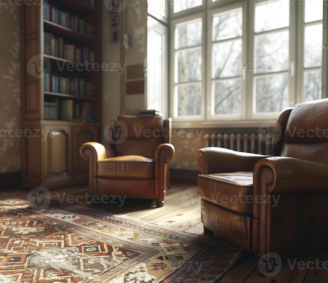 Modern living room with leather armchairs and rug photo