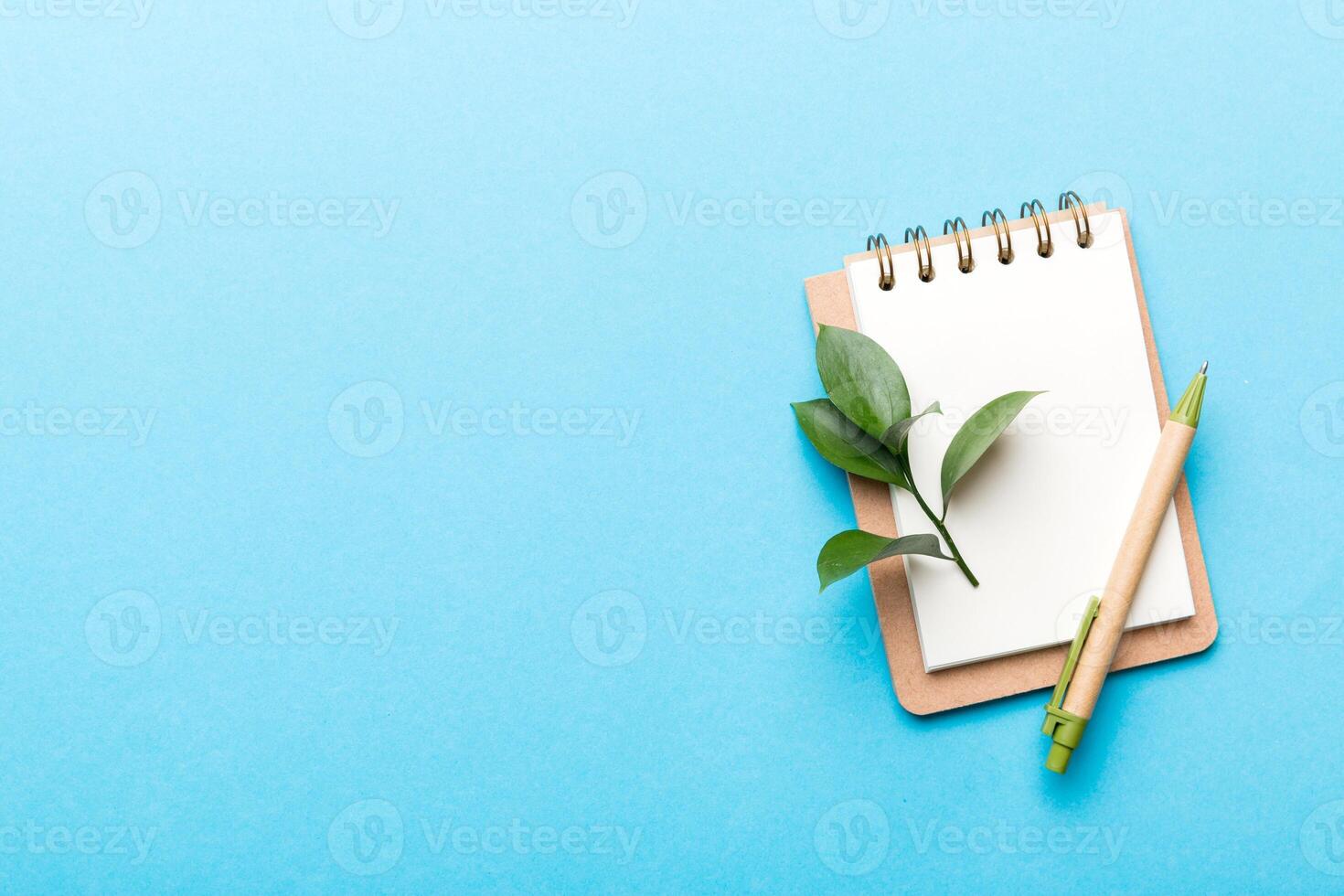eco-friendly Empty notebook with pen and green leaf on Colored background for note photo
