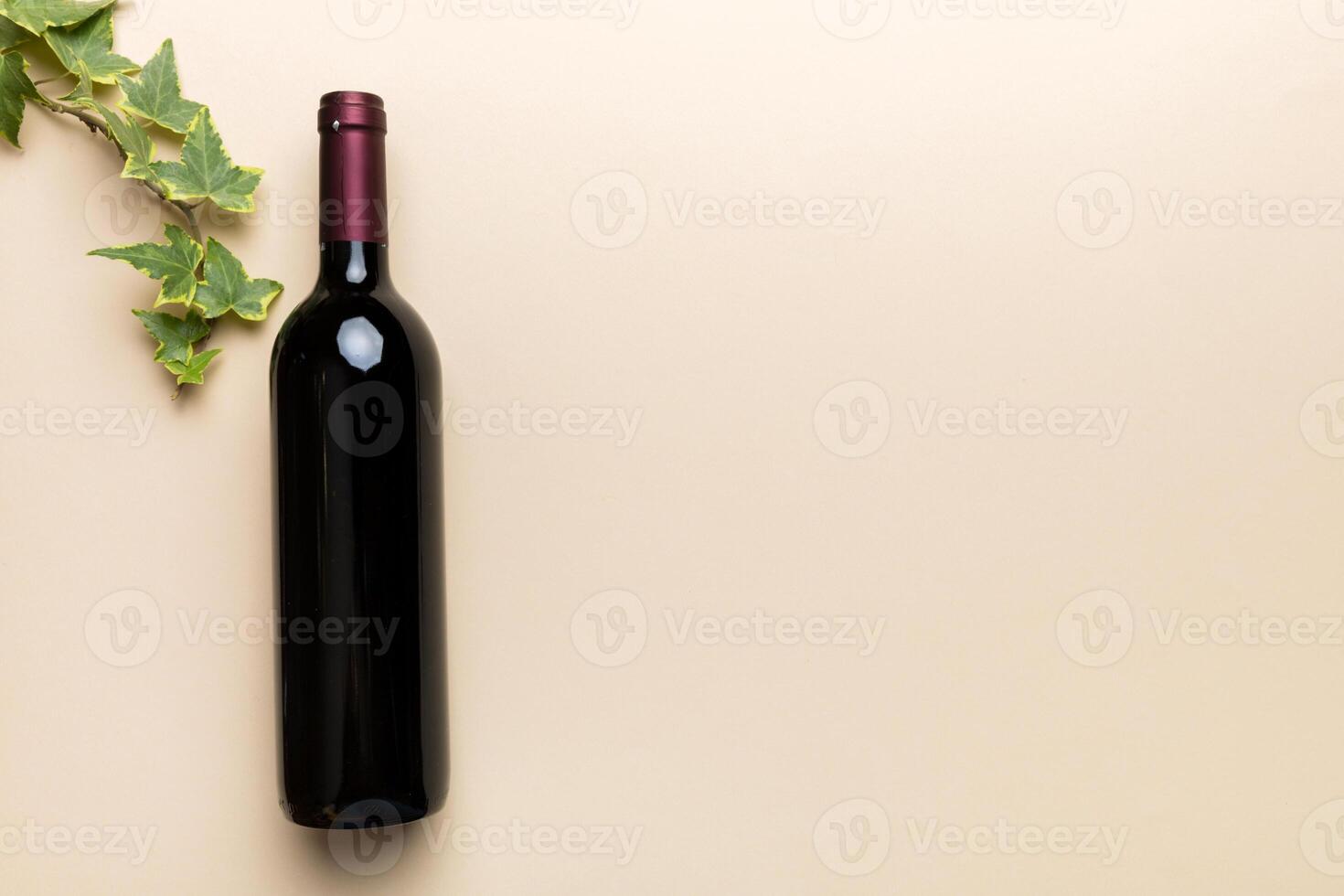 One Bottle of red wine on colored table. Flat lay, top view wth copy space photo