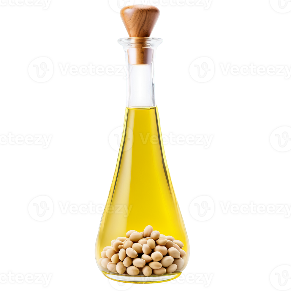 Soybean oil in a clear glass cruet with a handful of soybeans on a transparent png