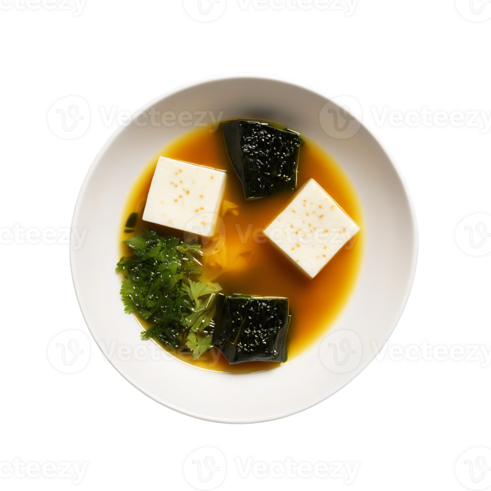 Miso soup cloudy broth with silken tofu cubes and seaweed strips isolated on transparent Food png