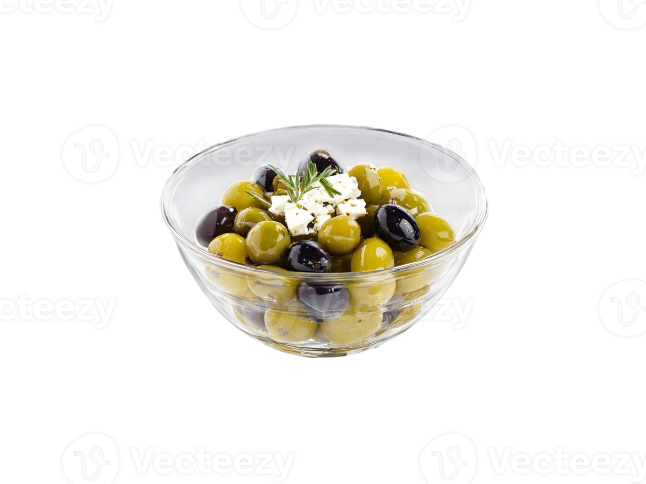 Tapas marinated olives and feta cheese served in a transparent glass bowl vibrant and salty png