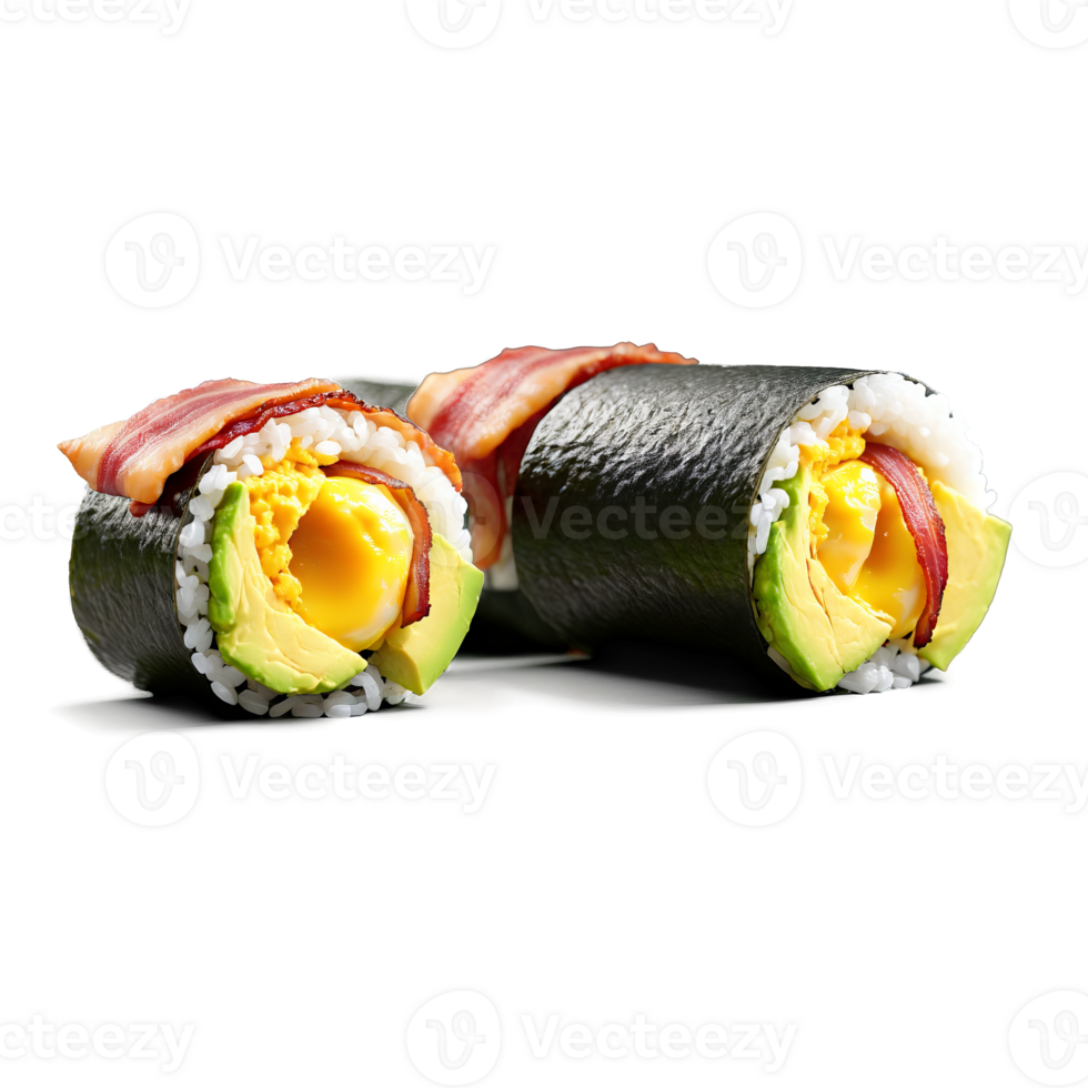 Breakfast sushi rolls with sushi rice wrapped around scrambled eggs crispy bacon and sliced avocado png